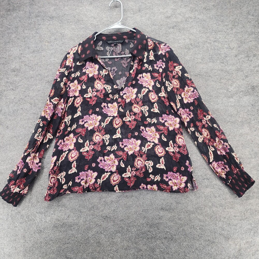 White House Black Market Blouse Womens Small Black Floral Sheer Long Sleeve